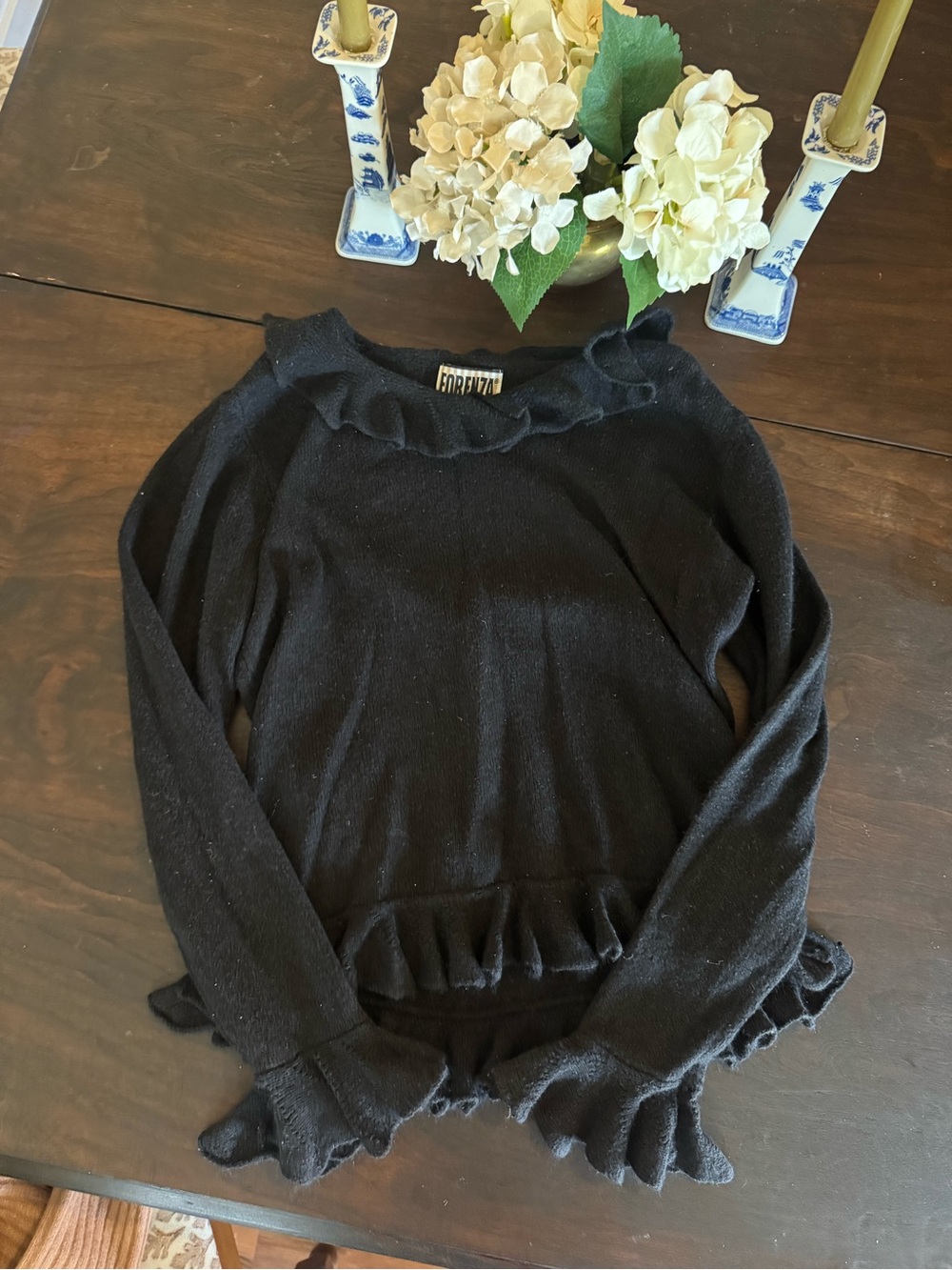 Forenza Black Ruffle-Trim Scoop Neck Sweater